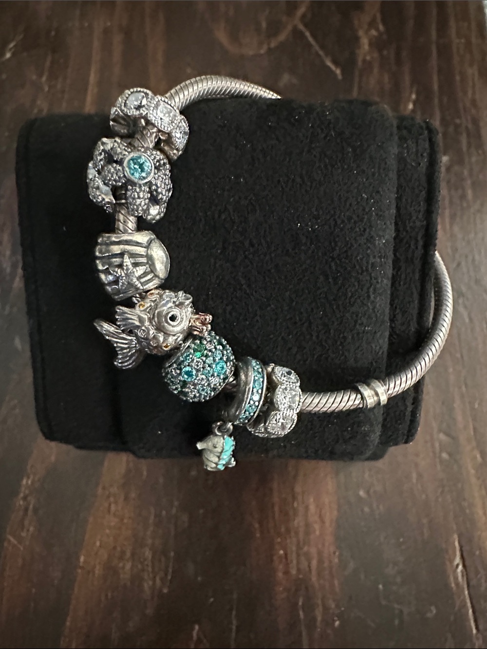 Pandora Silver Charm Bracelet with Teal Crystal Fish and Accents